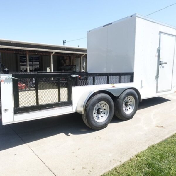 7×18 White Hybrid Enclosed V Nose (2) 7K Axles 2 Ft Fold Down Mesh Sides Pintle Hitch