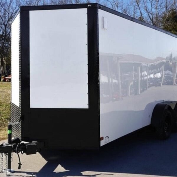 7×16 Enclosed Trailer White V-Nose Blackout Package Tandem Axle Storage