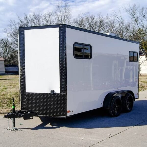 7×14 White V-Nose Enclosed Trailer (2) 3,500lb Axles Windows Elect & Blkout Pkg