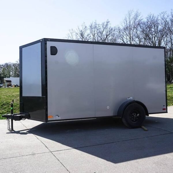 7×12 Enclosed Trailer Silver V-Nose Blackout Package 3,500lb Axle Storage