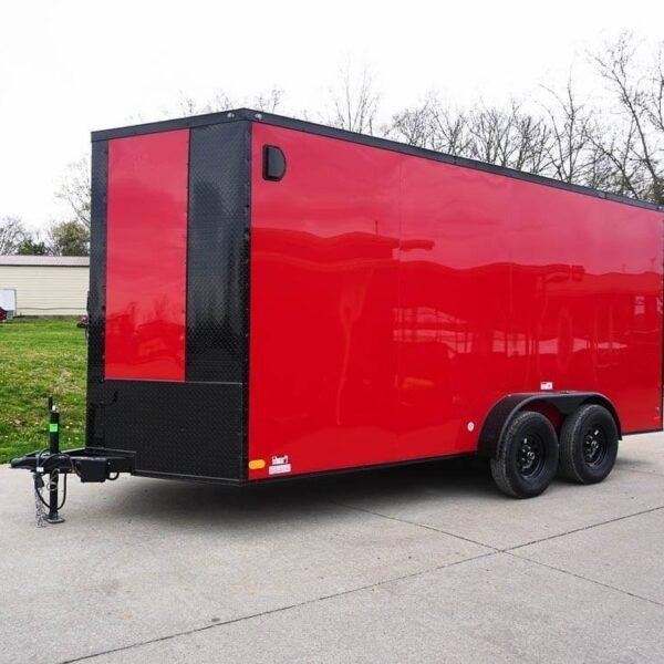 7×16 Enclosed Trailer Red V-Nose Blackout Pkg Tandem Axle Storage