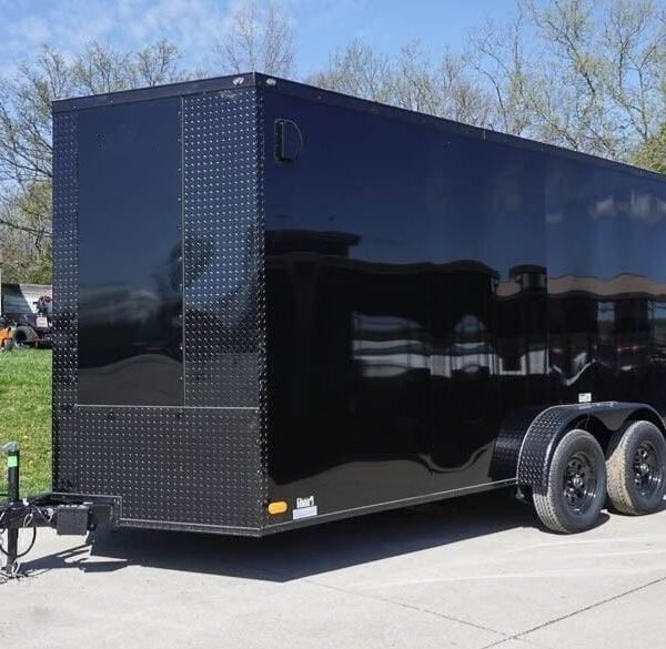 7×16 Enclosed Trailer Black V-Nose Blackout Pkg Tandem Axle Storage