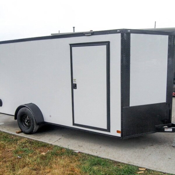 7×14 Enclosed Trailer White V-Nose Blackout Package 3,500lb Axle Storage